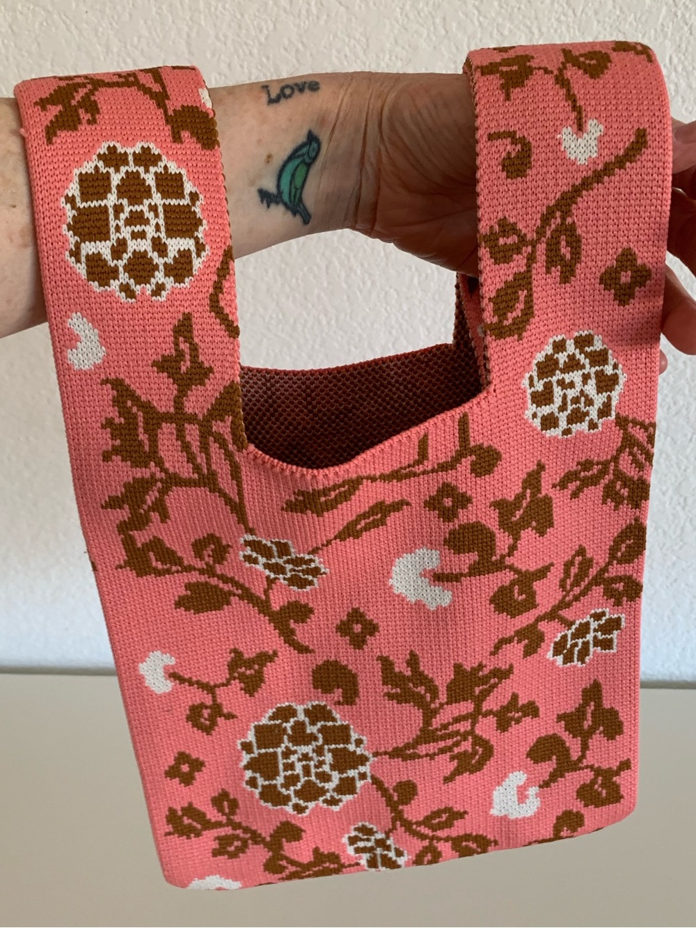 Pink Floral Knit Tote Bag